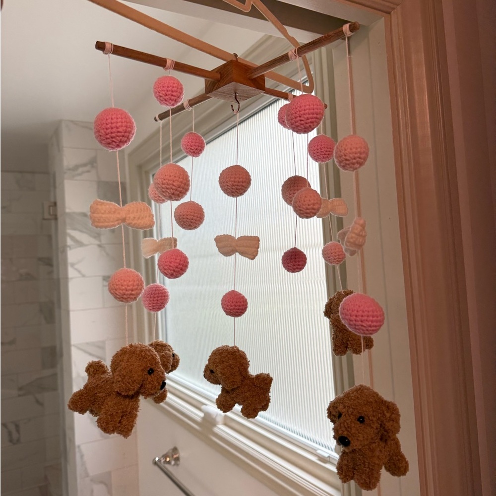 Handmade Pink Pom & Dog Baby Mobile